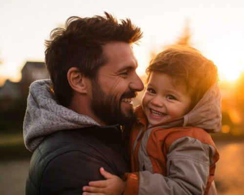 Hombre sonriendo con su hijo en brazos